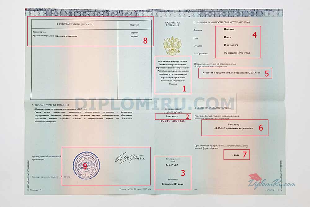 Заполненное приложение к диплому о высшем образовании 2014-2026 года 1 и 4 страницы